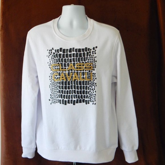 CAVALLI CLASS Logo Graphic Premium Fleece Pullover Sweatshirt Crewneck White - Picture 1 of 7
